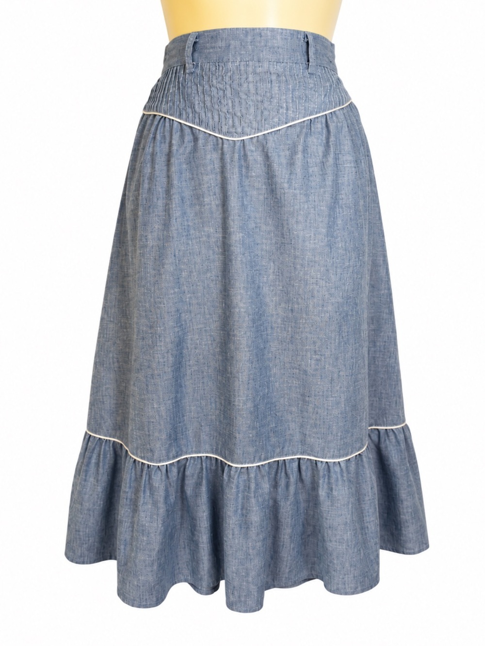 Vintage 70s 80s Tem Tex Western Prairie Skirt Chambray Blue Ruffle Maxi 28” W - Picture 2 of 14